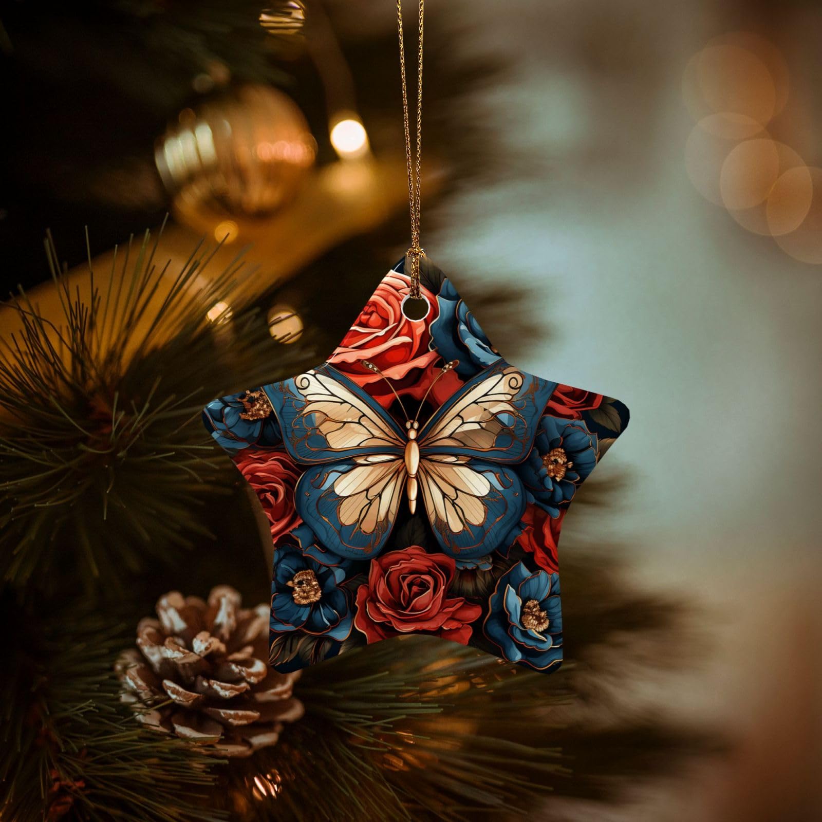 Christmas Tree Ornaments Ceramics Christmas Decorations Butterflies and Roses Ornaments with Gold Ribbon Porcelain Xmas Tree Crafts Star Shape Hanging Pendant for Christmas Tree Party Decor
