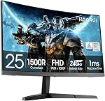 KOORUI 25 Inch Curved Gaming Monitor, FHD (1920 x 1080) 240Hz 1ms Display, 1500R Curve, AdaptiveSync, 90% DCI-P3, HDR10, HDMI 2.0/DP 1.4, VESA, G2511XC