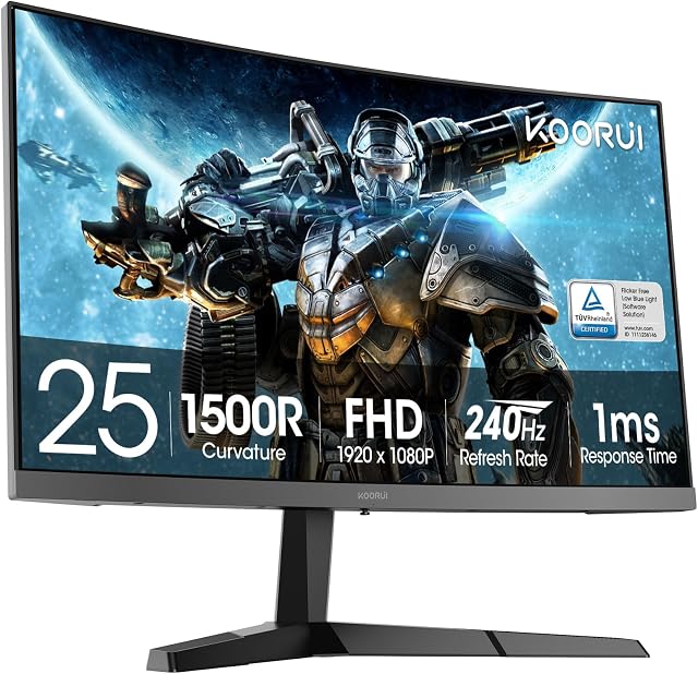 KOORUI 25 Inch Curved Gaming Monitor, FHD (1920 x 1080) 240Hz 1ms Display, 1500R Curve, AdaptiveSync, 90% DCI-P3, HDR10, HDMI 2.0/DP 1.4, VESA, G2511XC