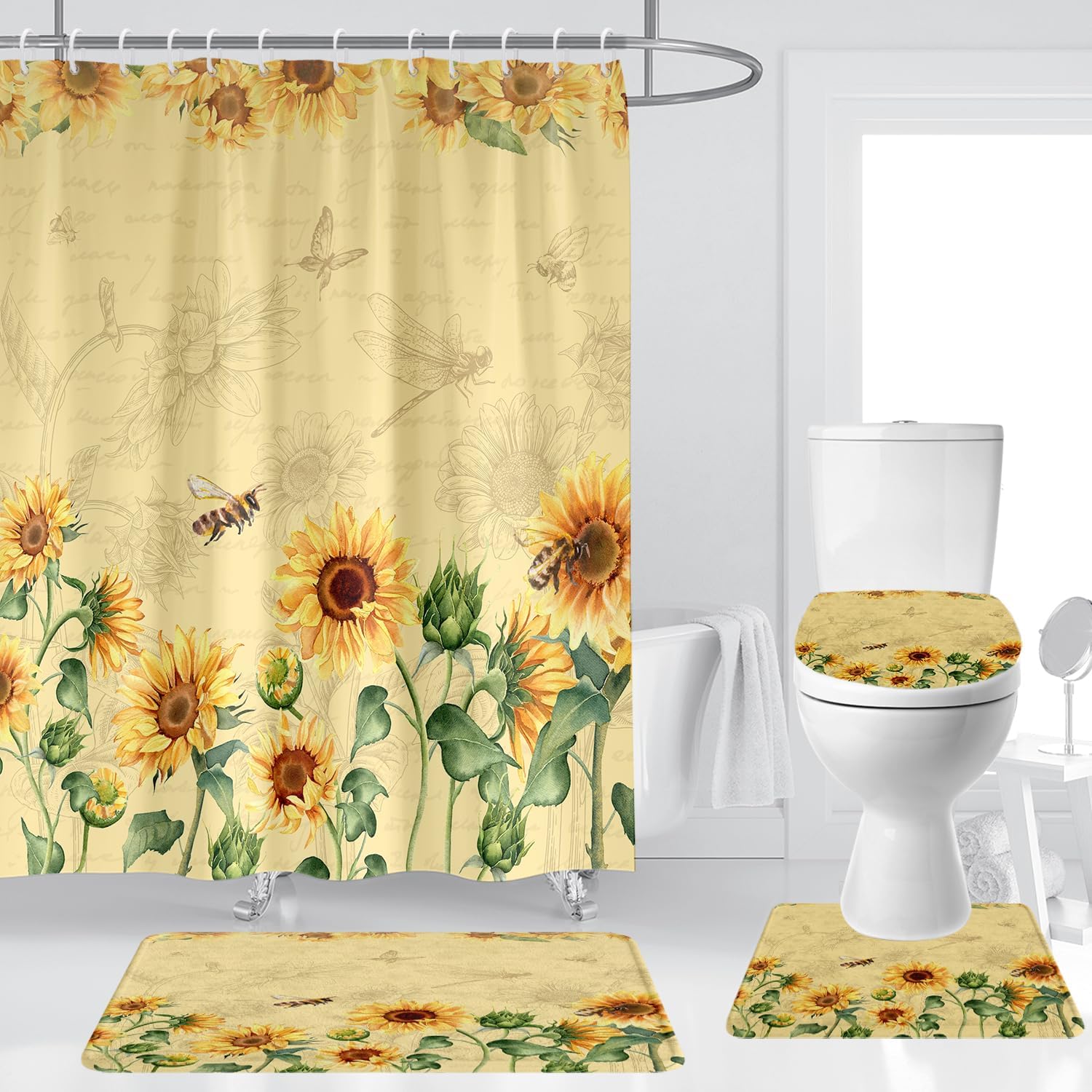 Sunflower Shower Curtain Set 4 Pcs Flower Floral Vintage Bathroom Decor with Rugs Farmhouse Rustic Retro Country Yellow Art Mat Toilet Lid Cover U Shaped Non-Slip Fabric Polyester 60x72 Inch