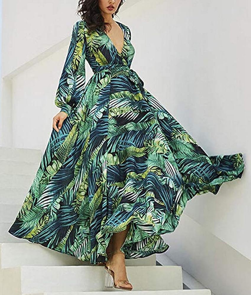 Women Deep V Neck Maxi Dress Long 