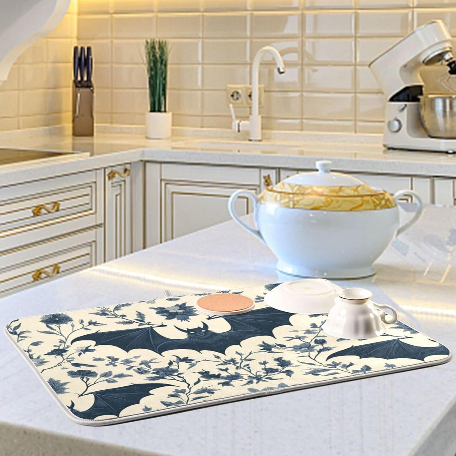 Dish Drying Mat for Kitchen Counter, Seamless Pattern Gothic Bats Drying Pad Absorbent Dishes Drainer Mats Trivet 16 x 18 Inch