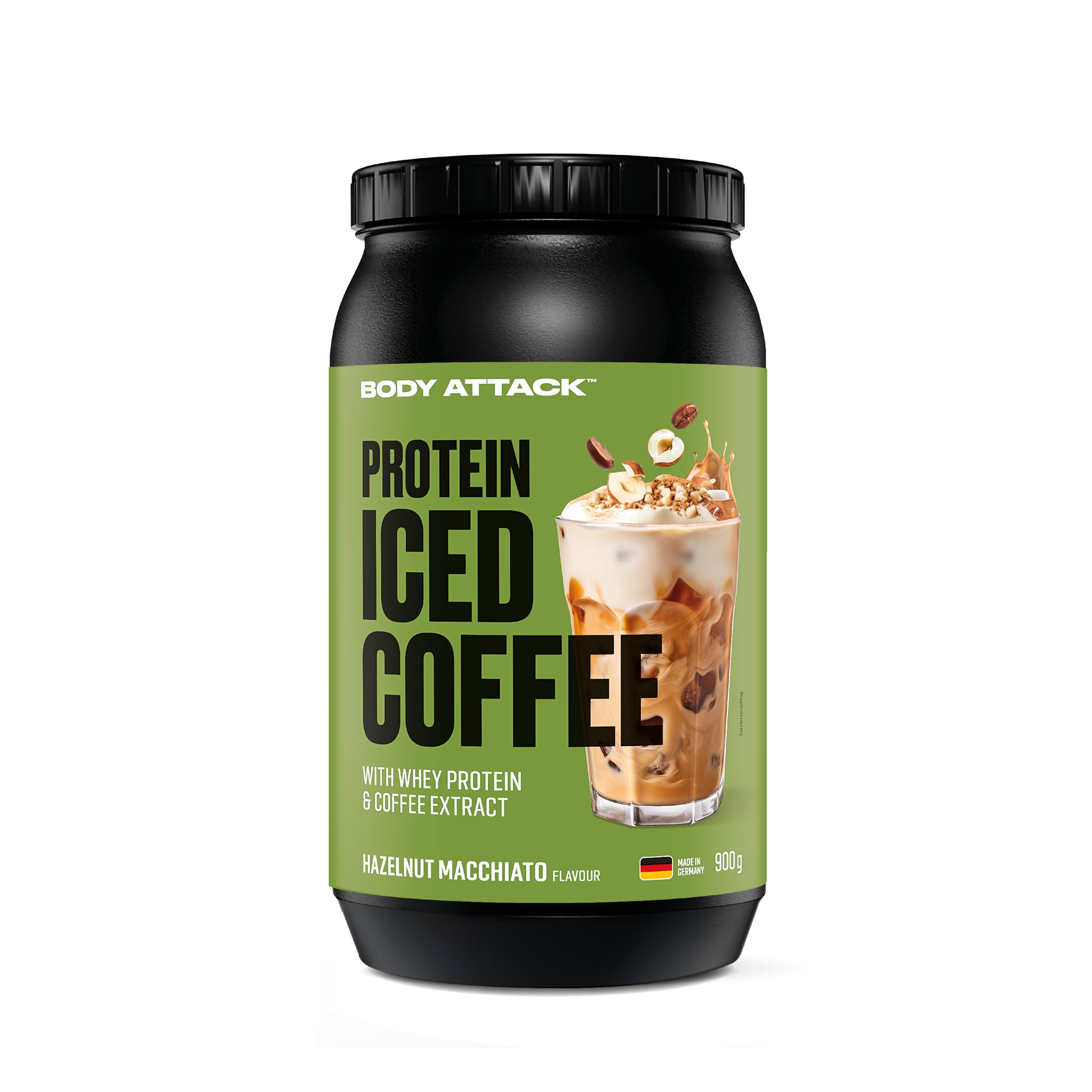 Body Attack Protein Iced Coffee Hazelnut Macchiato, 900 g - Whey Protein Pulver mit Kaffee Extrakt - Erfrischender Proteinshake mit Instantkaffee und Kakao - Mit Koffein, Made in Germany