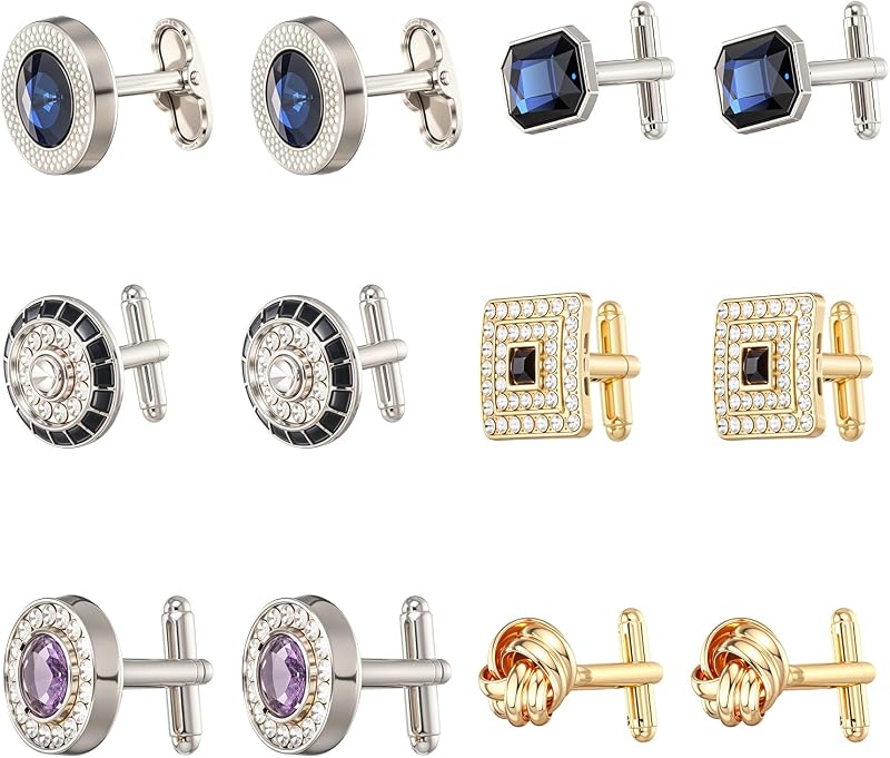 6 Pairs Cufflinks for Men Gorgeous Diamond Crystal Cufflinks Fashion Classic Tone Cuff Links Round Square Rectangle Cuff Links Shirt Studs Formal Business Wedding Gifts for Men
