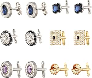 6 Pairs Cufflinks for Men - Diamond Crystal, Classic Tones, Various Shapes