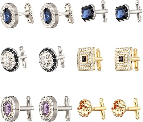 COMNICO 6 Pairs Cufflinks for Men Gorgeous Diamond Crystal Cufflinks Fashion Classic Tone Cuff Links Round Square Rectangle Cuff Links Shirt Studs Formal Business Wedding Gifts for Men