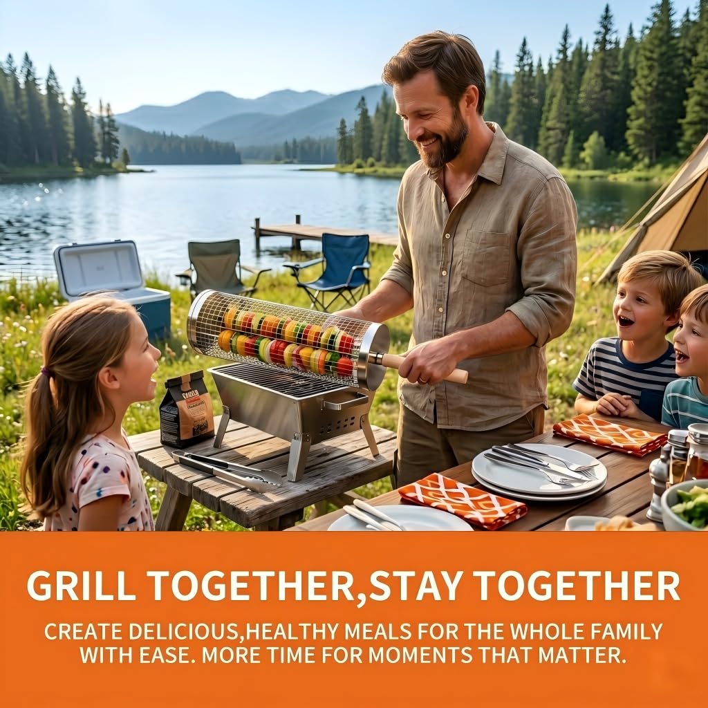 Rollbarer Grillkorb, Edelstahl-Grillkorb mit Holzgriff, tragbarer, drehbarer Grillkorb für Outdoor-Küche, Gemüse, Pommes frites, Fleischbällchen und Camping-Grillen