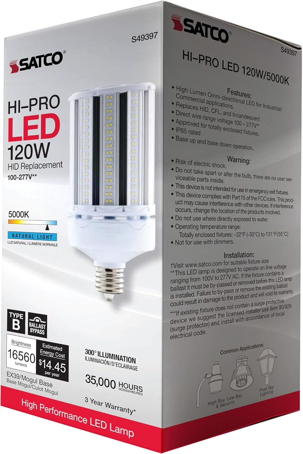 Satco S49397 120W LED HID Replacement Lamp, Economy Hi-Pro, Type B Ballast Bypass, 5000K Natural Light, 16560 Lumens, Clear, Mogul Extended Base, 120-277V, IP65, Damp, 600W HID Equivalent (2 Pack)