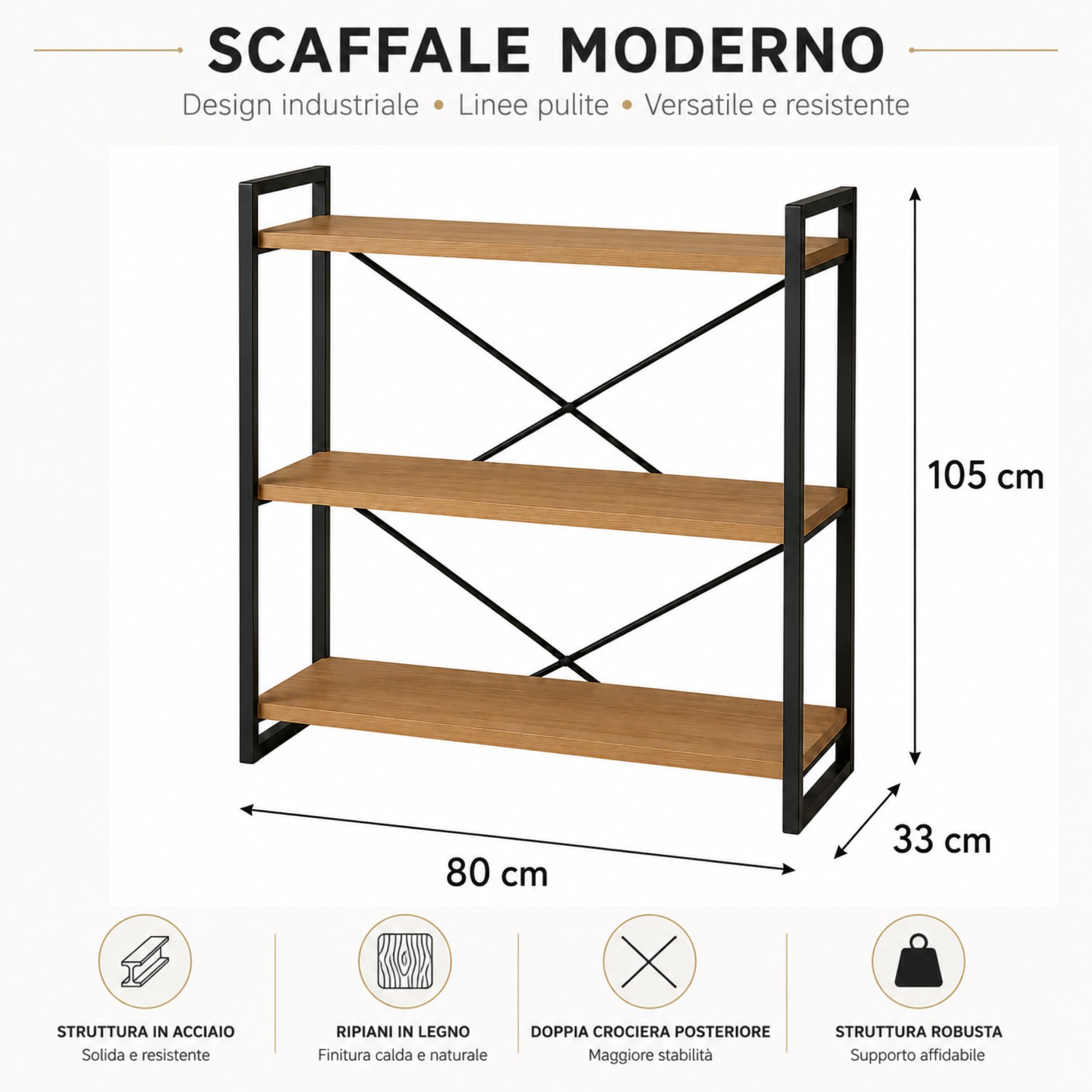 MAKA Scaffale con Struttura in Metallo Soggiorno, Libreria Bassa con 3 Ripiani in Legno, Scaffalatura Bassa Moderna per Bagno, Cucina, Camera da Letto, Facile da Montare, 80x33x66 cm (3 Ripiani)