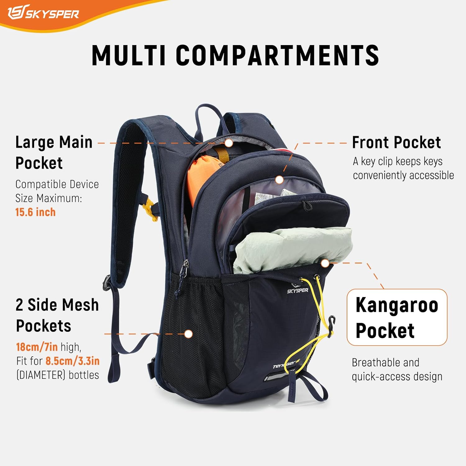 SKYSPER Hiking Backpack 15L Lightweight Walking Daypack for Camping Travelling Daytrip Small Trail Bagpack for Men Women
