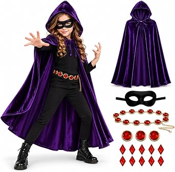 Raven Costume Girls Halloween 5PCS Purple Hooded Cape Anime Cloak Mask Belt