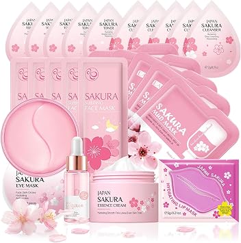 Pamper Gifts for Women, Sakura Skin Care Sets & Kits, Skincare Set for Teenage Girls with Cream,Serum,Toner,Cleanser,Eye Mask,Sleep Mask,Mud Mask,Lip Mask for Exfoliating Hydrating 24PCS