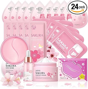 Pamper Gifts for Women, Sakura Skin Care Sets & Kits, Skincare Set for Teenage Girls with Cream,Serum,Toner,Cleanser,Eye Mask,Sleep Mask,Mud Mask,Lip Mask for Exfoliating Hydrating (24PCS)