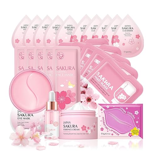 Pamper Gifts for Women, Sakura Skin Care Sets & Kits, Skincare Set for Teenage Girls with Cream,Serum,Toner,Cleanser,Eye Mask,Sleep Mask,Mud Mask,Lip Mask for Exfoliating Hydrating (24PCS)