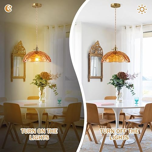 Miniatura 2 de Lámpara colgante moderna de mediados de siglo, cúpula con pantalla de vidrio ámbar de flores, luz colgante de latón, lámpara colgante ajustable