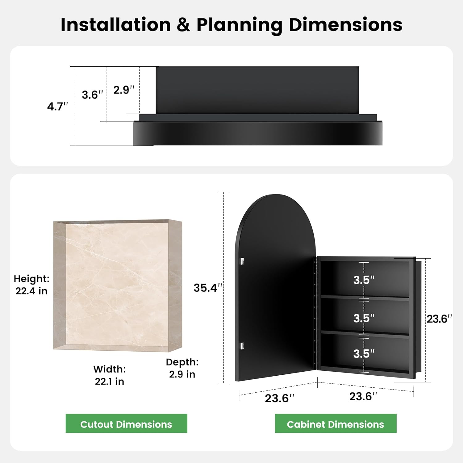 SogesPower 36”x24” Metal Medicine Cabinet with Mirror for Bathroom,Arched Recessed Medicine Cabinet with 2 Shelves, Wall-Mounted Bathroom Mirror with Storage,Black