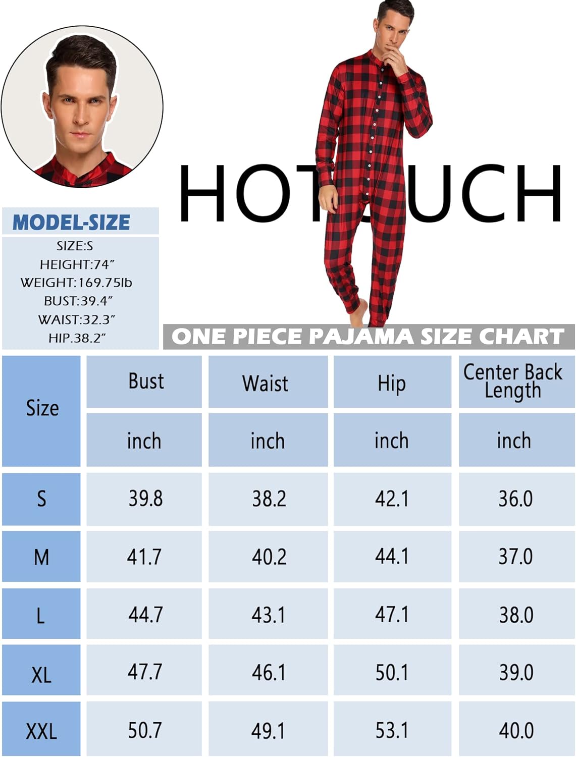 Hotouch Men's One Piece Pajama Long Thermal Union Suit Button Down Pajamas S-XXL at  Men’s Clothing store