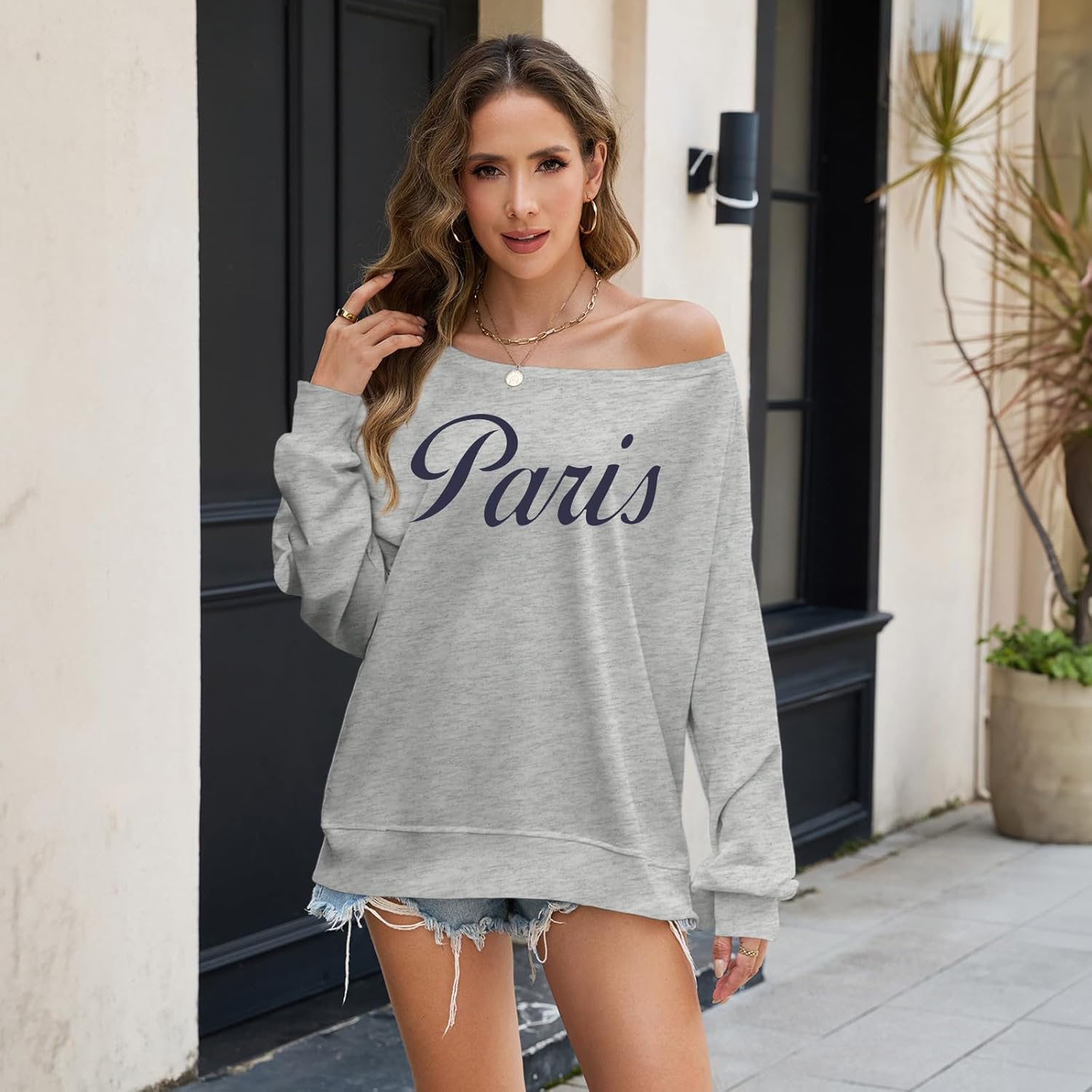 Paris Off The Shoulder Sweatshirt for Women Vintage Letter Graphic Print Casual Long Sleeve Shirt Pullover Tops - Image 4
