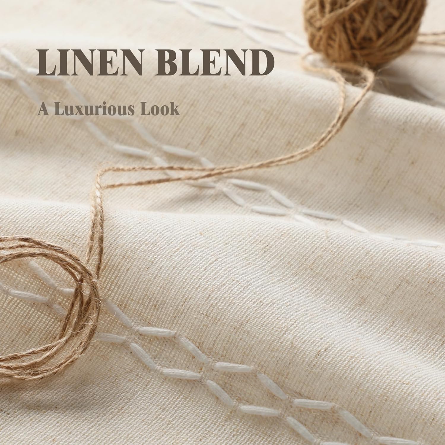 Condition photo showing New/Like New for boho light filtering curtains 2 panels 84 inch for living room bedroom, beige linen texture farmhouse curtains with tassels and cotton embroidery vintage rustic western rod pocket light beige 52"w x 84"l (pack of 2)