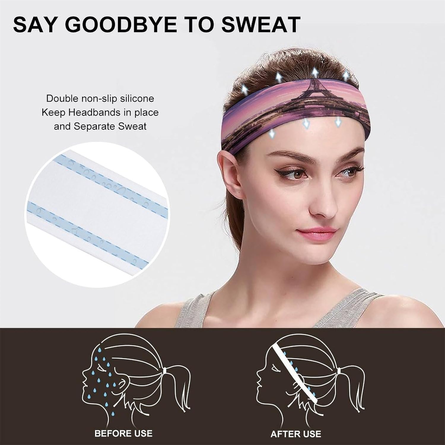 Pink Paris Headbands Fashion Moisture Wicking Sweatband Lightweight Soft Sports Headband Non-Slip Accessories Hair Bands for Fitness Workout Stretchy Unisex Hairband image 5