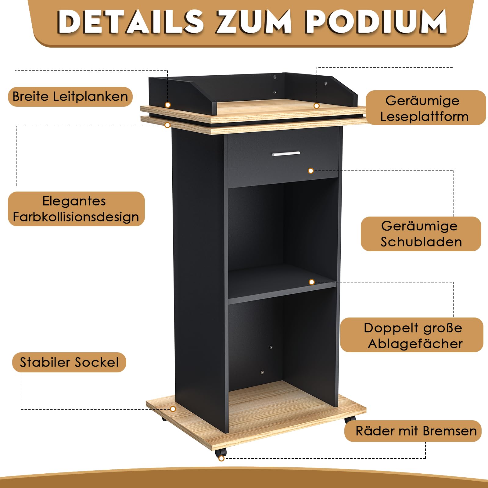 Púlpito de madera con cajón extensible y ruedas, atril de madera maciza de alta calidad con compartimento de almacenamiento de doble capa, atril para iglesia, discurso, escuela, seminario (110 x 46 x