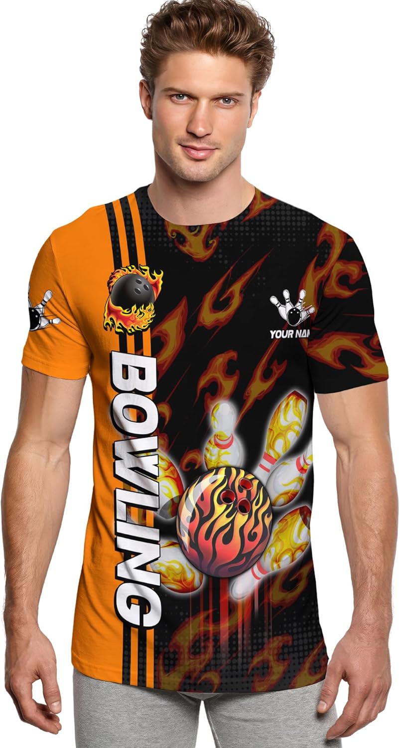 Generic Personalized Bowling Novelty T Shirt Print Top with Bowling Ball Fire and Flame Pattern Graphic On it for Bowler