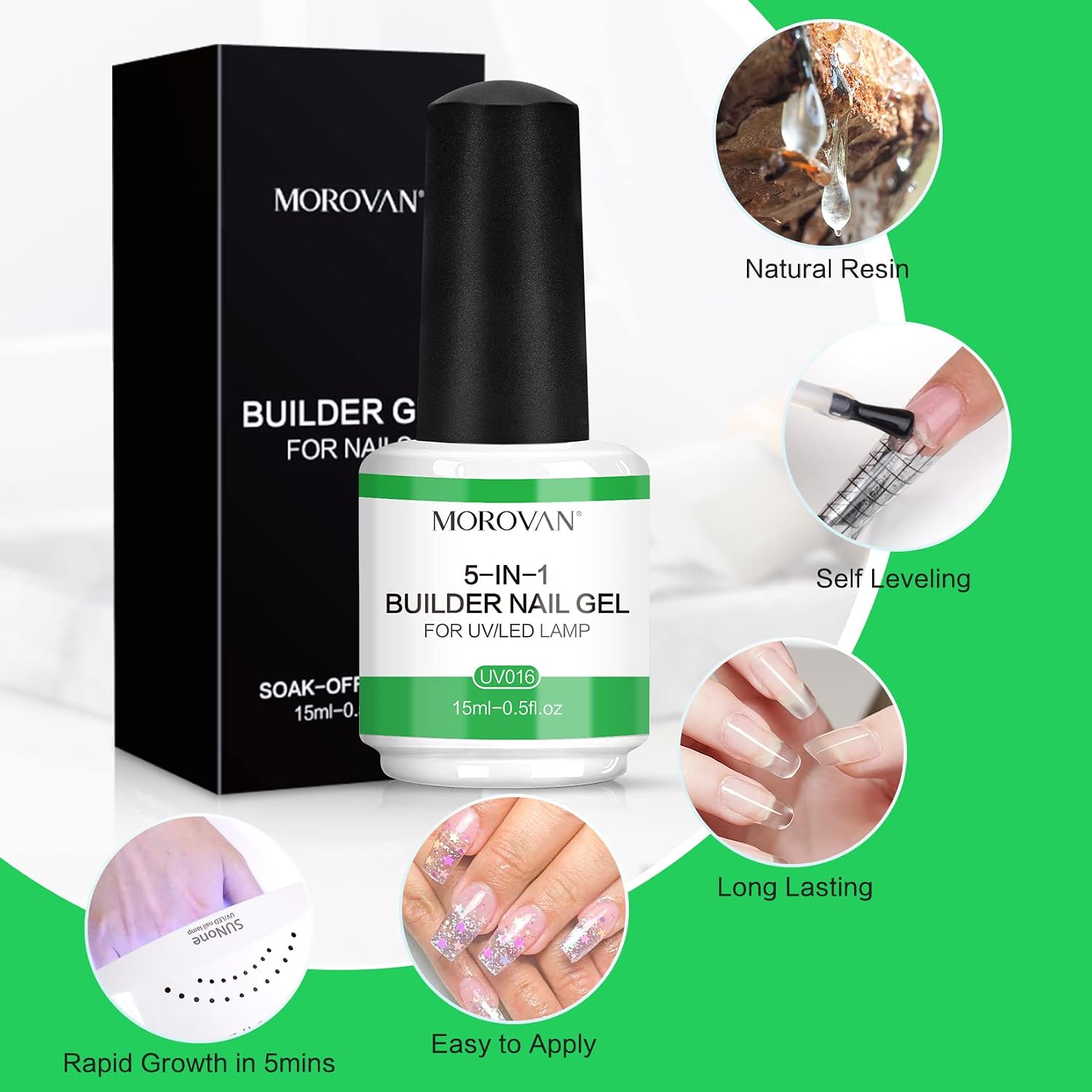 Morovan Builder Nail Gel Set - 4-in-1 Green Gel Builder for Nails Professional Hard Gel for Quick Building Nail Extension Strengthen Soak-Off UV LED Gel Builder 15ml for Nail Salon Home DIY