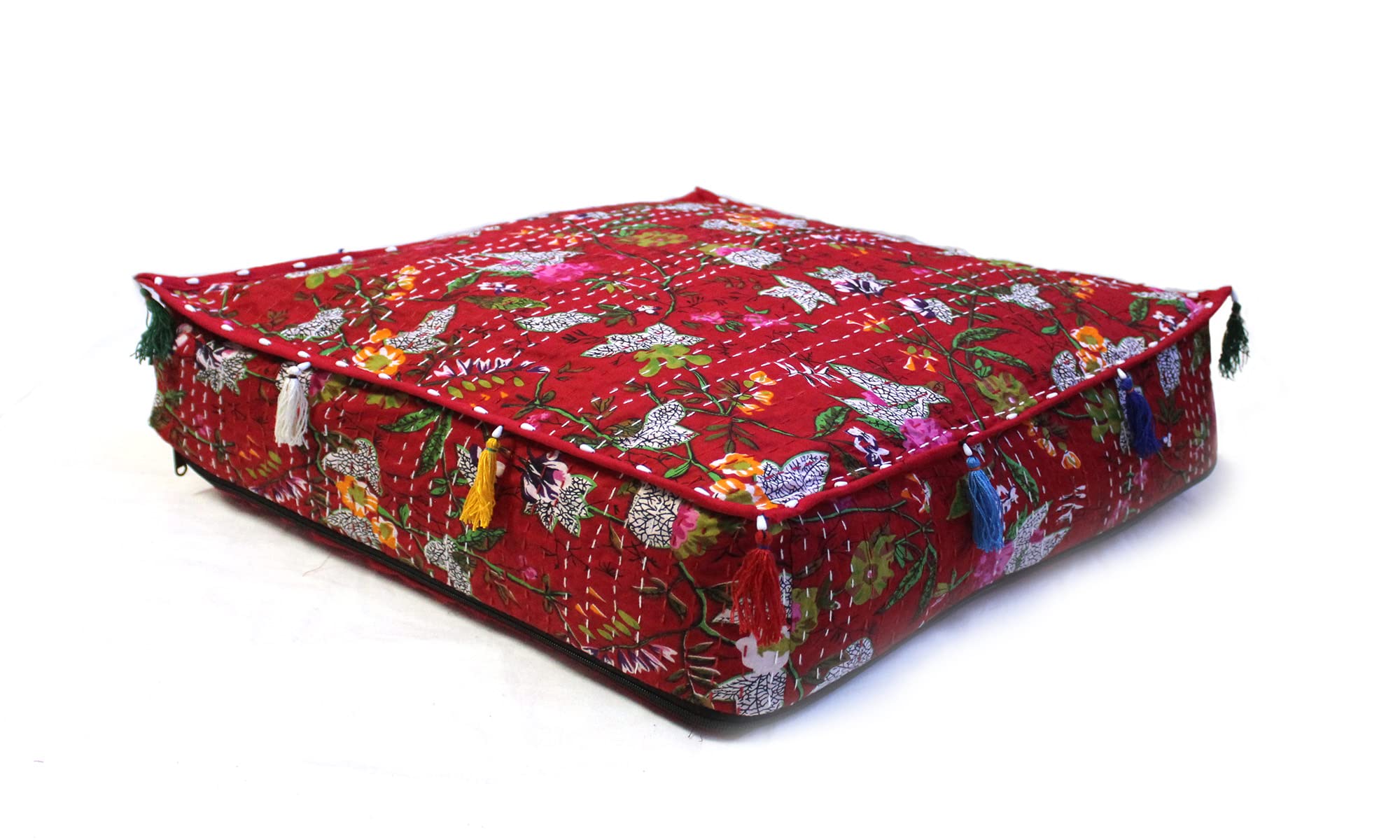 Mam Treasures 16X16X5 Inches Beige Indian Handmade Kantha Square Floor Cotton Cushion Cover Home Decor Meditation Poufs Cushion Seating Floor Pouf Large Pillow Cover (16x16x5 Inch, Red 3)