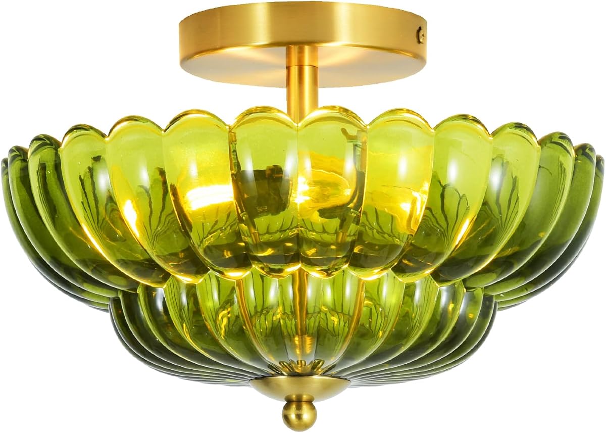 3-Light 12 inch Green Semi Flush Mount Ceiling Light for Bedroom | Modern Hallway Light Fixture with Flower Glass Shade, Flush Mount Ceiling Lights for Bathroom Living Room Entryway Kitchen
