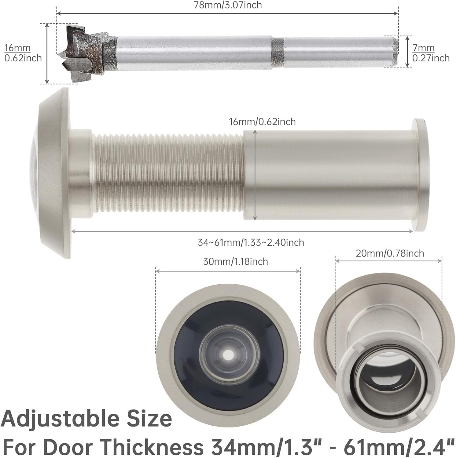 Door Viewer Peephole,200 Degree Solid Brass Peep Holes with 16 MM Drill Bit for 1-1/2" to 2-3/8" Doors,5/8 Inch Pipe Diameter Anti-Peeping Door Eye Viewer Without Cover (Satin Nickel)