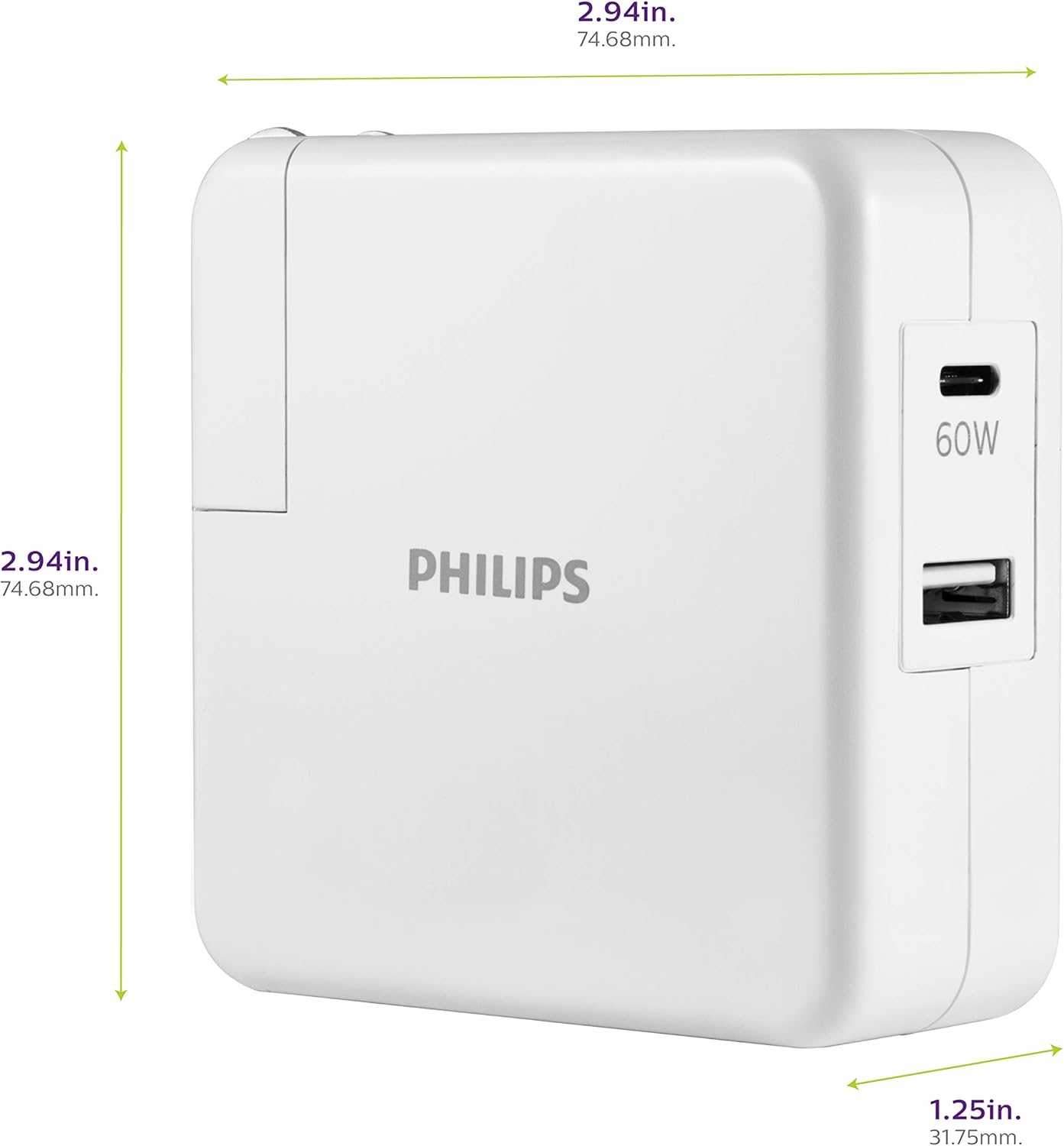 Philips iPhone Charger Fast Charging, 60W USB C 2-Port USB C Charging Block, Foldable Fast Wall Charger for iPhone 16 Series, 15 Series, iPad Pro, White DLP2607Q/37