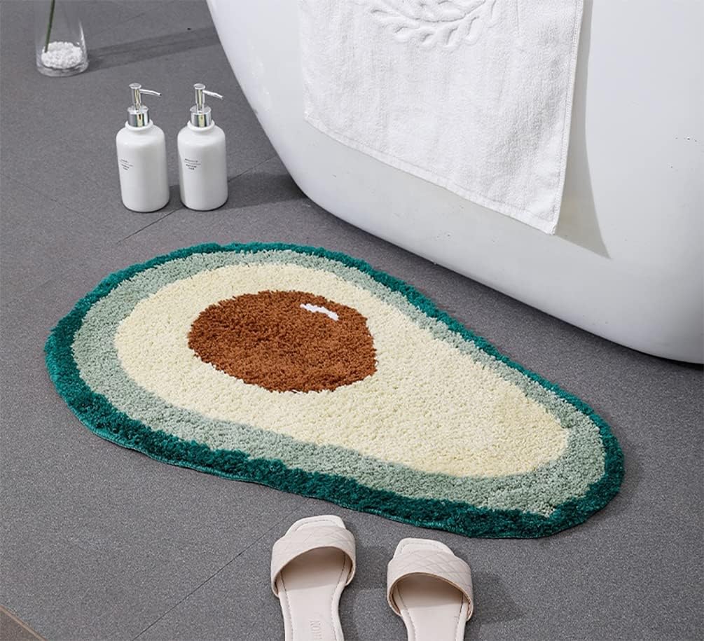 Fennco Styles Green Avocado Shaped Anti-Slip Bath Mat Small Bathroom Rug 20" W x 32" L - Fruit Design Water Absorbent Plush Foot Mat for Home Décor, Kids Room, Living Room, Nursery Décor