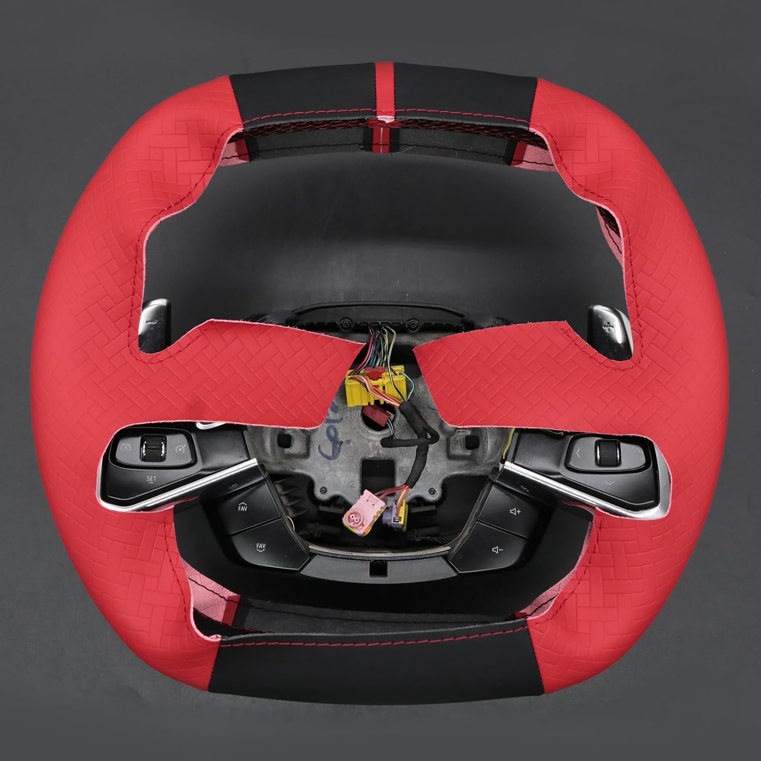 MEWANT Hand Stitch Black Smooth Red Woven Embossed Faux Leather Steering Wheel Cover for Chevy Corvette C8 Stingray Z06