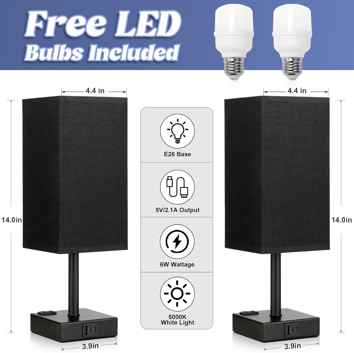 aooshine Black Lamp for Nightstand - Touch Table Lamp with Type C + A and AC Outlet, Square Charging Lamps for Bedroom Decor, Small Night Light for Office, Dorm Lamp for Men, E26 Bulb Included