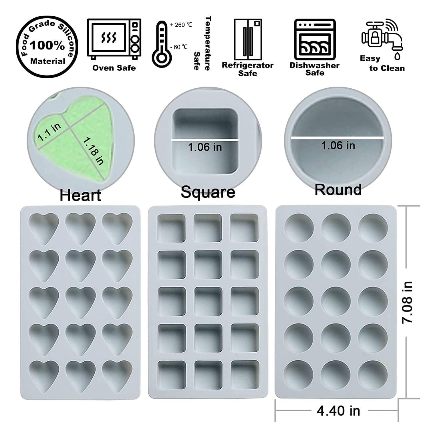 Set di 3 stampi in silicone per caramelle e cioccolato, antiaderenti, inclusi cuore, rotondo, quadrato, per caramelle, gommose, caramello caldo, ghiaccio, torta, gelatina, ganache (blu)