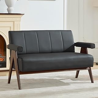 STHOUYN 50" Black Leather Sofa, Small Comfy Office Loveseat Couch with Back, Mid Century Modern Wooden Love Seat Bench Waiting Room Furniture Couches for Living Room, Bedroom