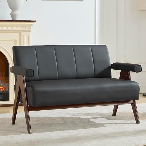 STHOUYN 50" Black Leather Sofa, Small Comfy Office Loveseat Couch with Back, Mid Century Modern Wooden Love Seat Bench Waiting Room Furniture Couches for Living Room, Bedroom