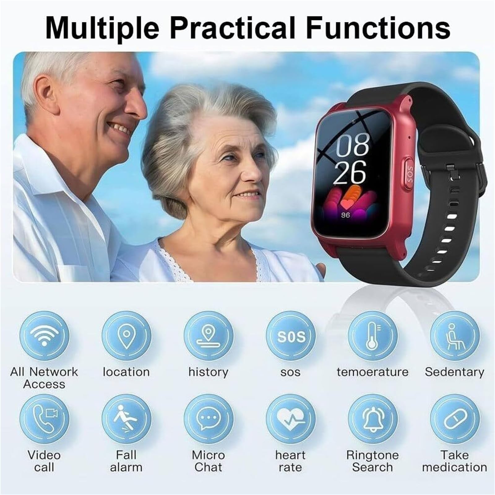 Mothdust Orologio Emergenza Per Anziani Con Sensore Cadute Tracker GPS Videochiamata HD Monitoraggio Salute Cinturino Silicone IP67 Impermeabile Smartwatch Per Alzheimer Tracking Sicuro(Red)