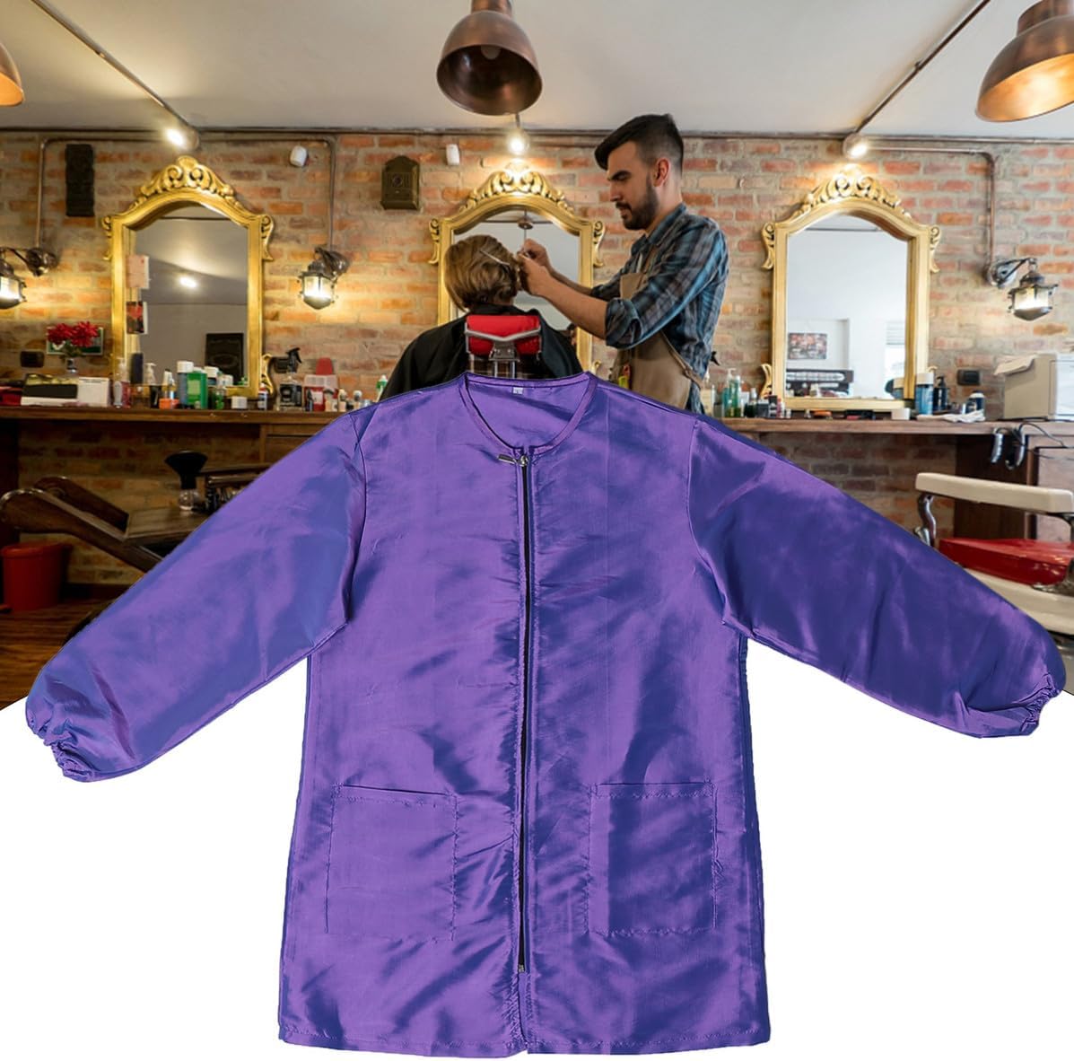Long Sleeve Purple Hair Stylist Overalls Water-Proof Fiber Material Easy to Wear Round Neck Salon Work Uniform for Beauty Salon Professionals