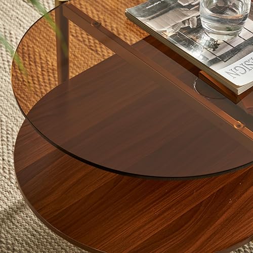 Miniatura 23 de Saint Mossi Tadio - Mesa de centro de vidrio de doble capa para sala de estar, estante inferior de MDF marrón y café Vidrio marrón y marrón