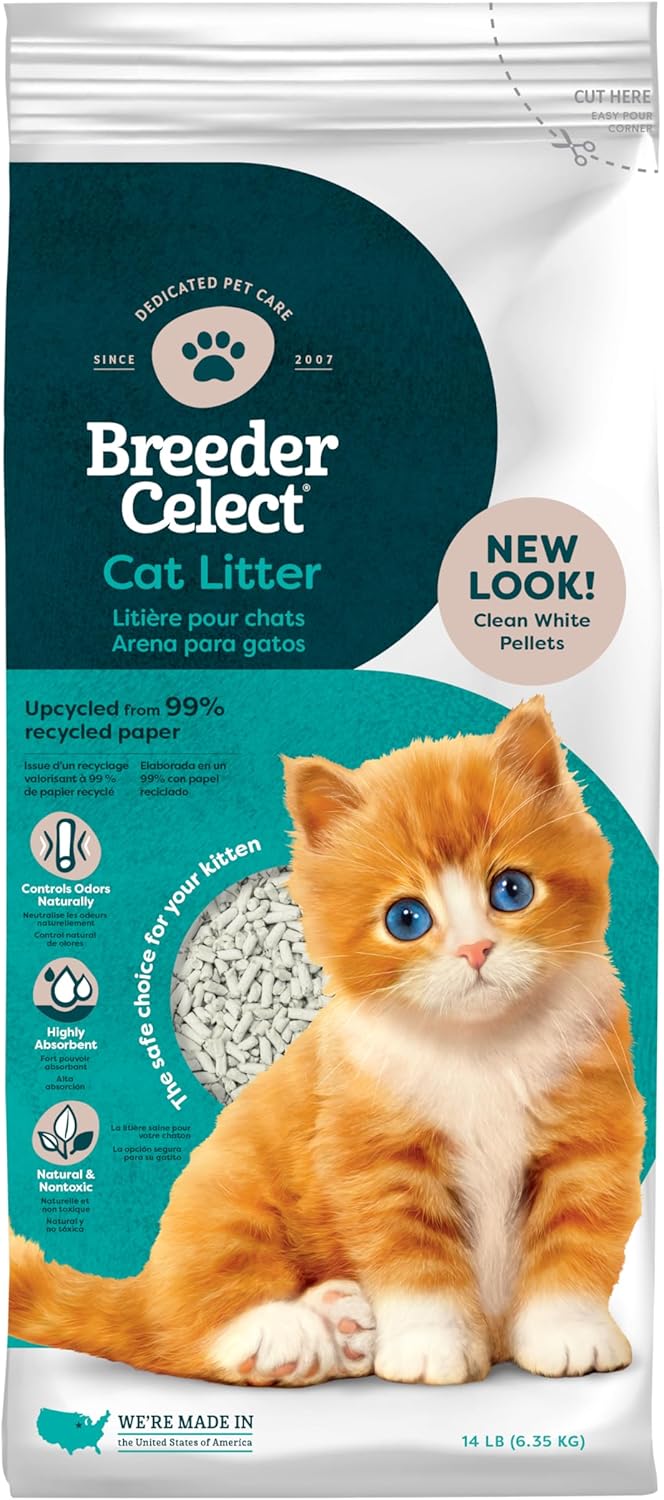Breeder Celect® | 99% Recycled Paper Cat Litter Pellets | Highly Absorbent | Odor Control | Controls Odors Naturally | Natural and Nontoxic | Low Dust and Easy to Clean | 14 lb Bag (Exp Date Unknown)