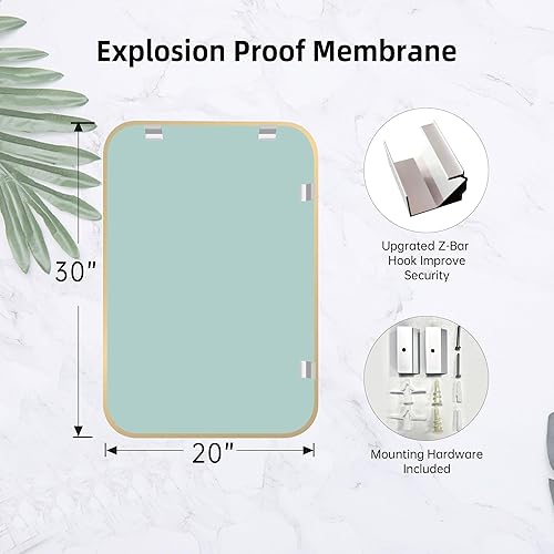 Miniatura 5 de Espejo de oro francés cepillado de 20 x 30 pulgadas para pared, espejo rectangular redondeado dorado con marco de metal para colgar para baño,