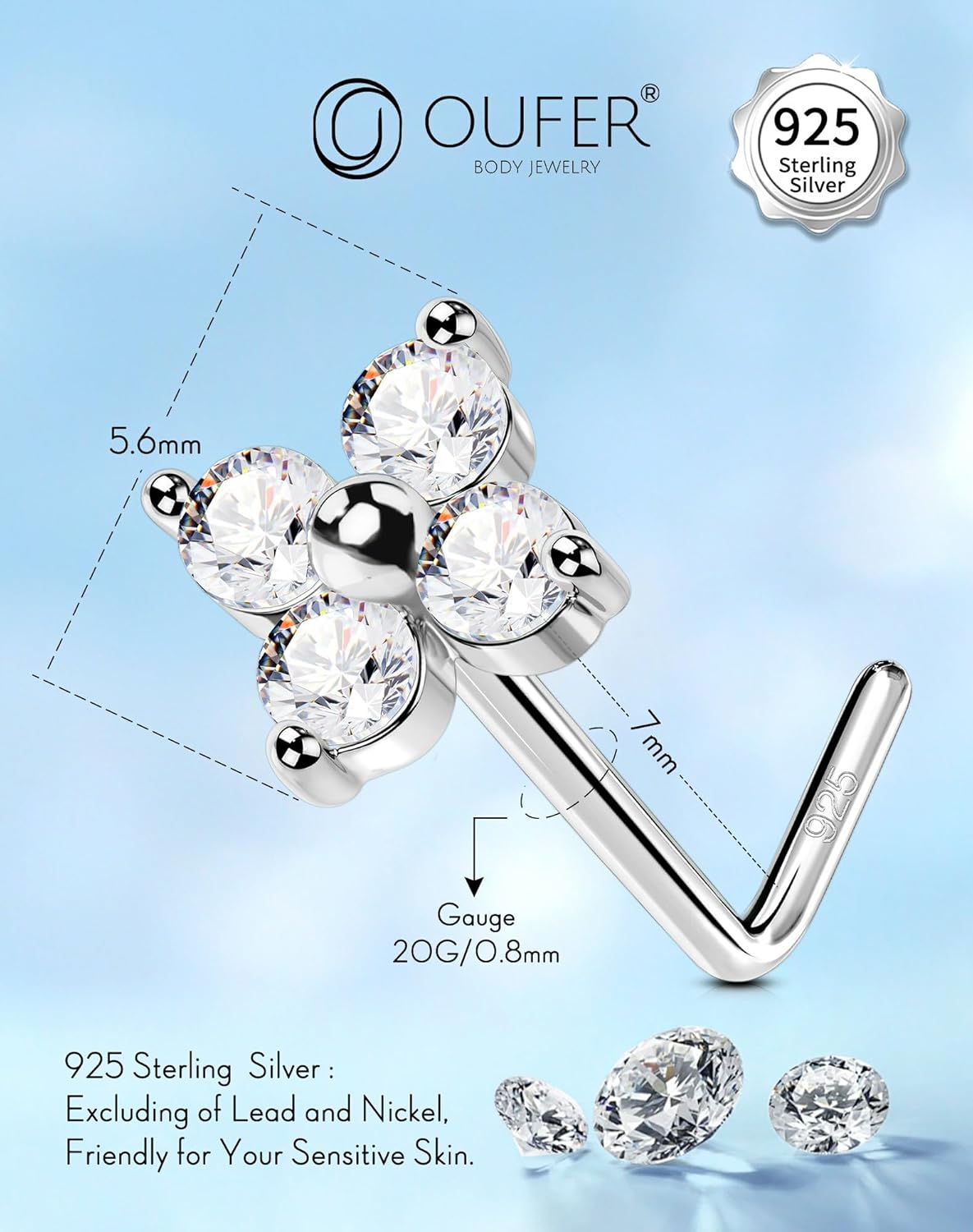 OUFER 20G Nose Studs, 925 Sterling Silver Nose Rings for Women, Clear CZ Nose Rings Studs, Bone L-Shaped Nose Piercings, Nose Nostril Piercing Jewelry - Image 5