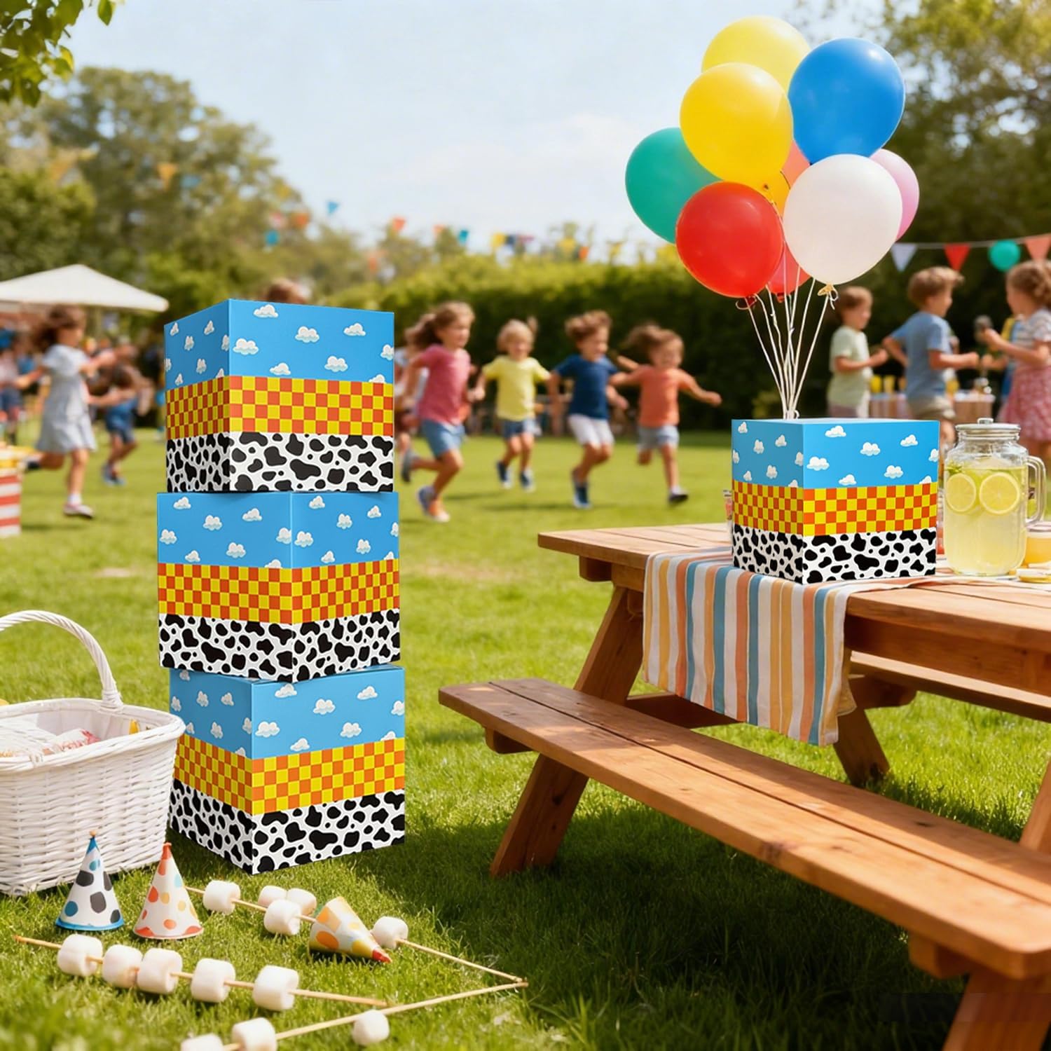 6 Pack Cartoon Theme Birthday Party Boxes, 7.5 Inch Blue Sky White Clouds Centerpieces Boxes for Toy Theme Party Decorations Supplies Favors
