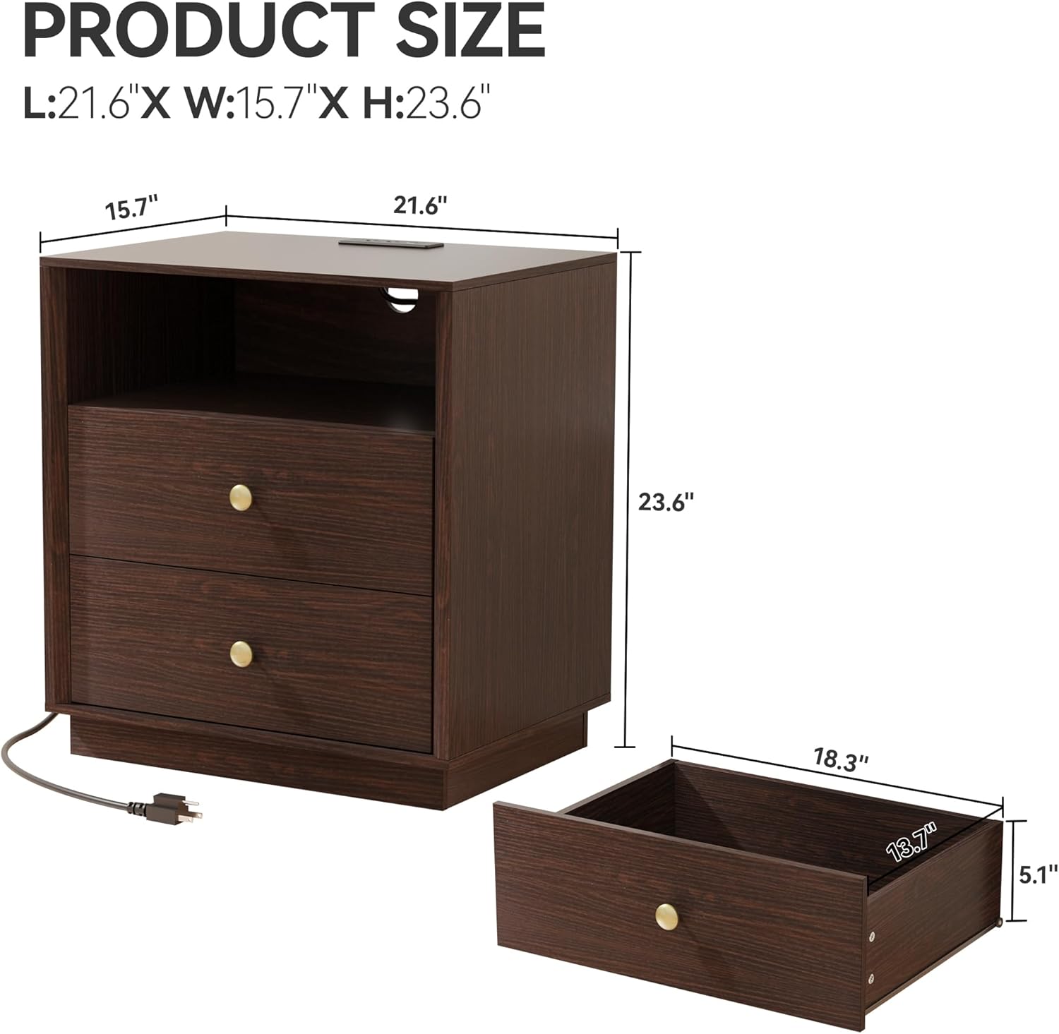 Nightstand with Charging Station, Large Bedside Table with 2 Storage Drawer and Open Wood Shelf, Night Stand for Bedroom, Side Table, End Table, Walnut