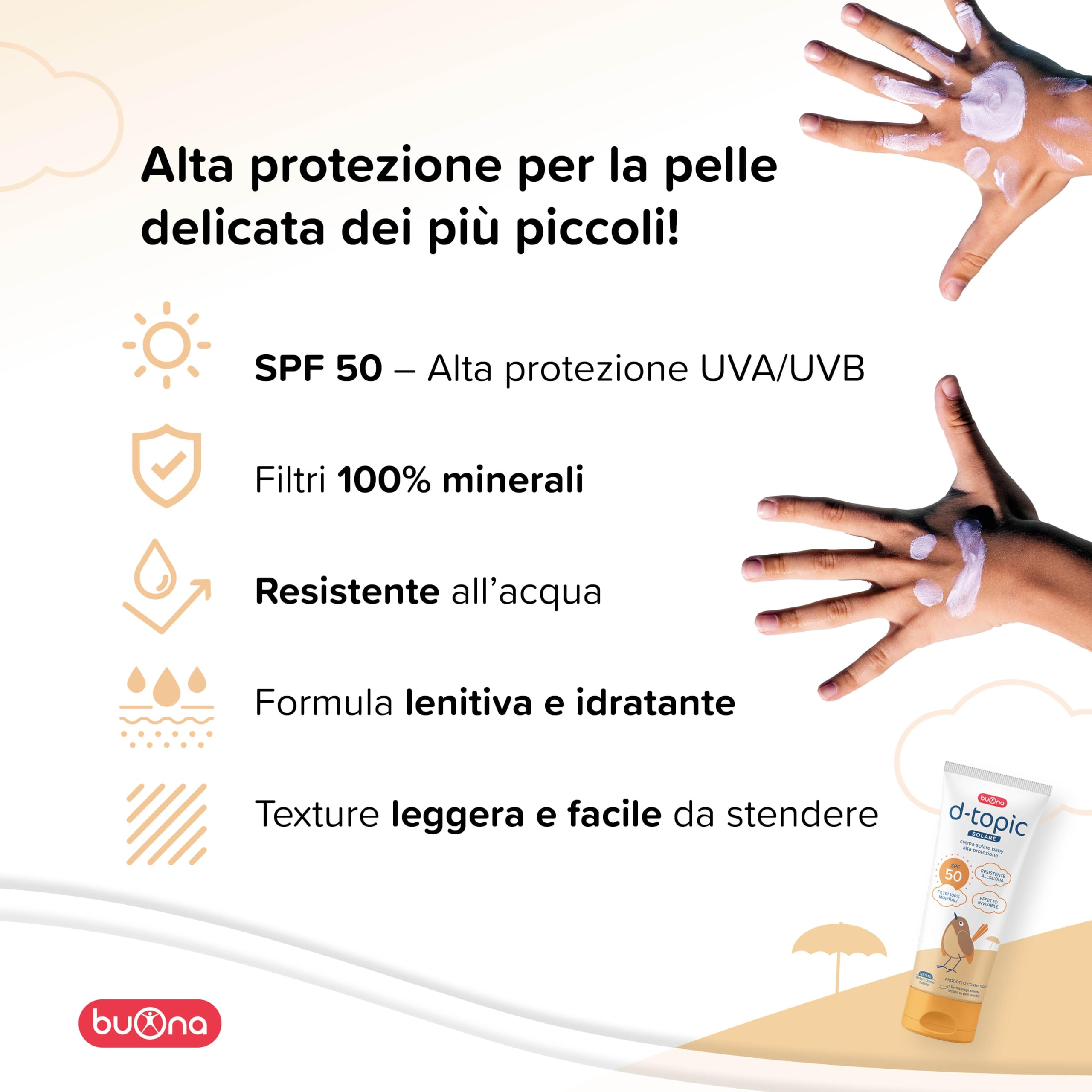 Buona d-topic Solare Crema Solare 50 Bambini 100 ml Protezione Solare Neonato per Pelle Sensibile e Delicata, Filtri 100% Minerali, Resistente All’Acqua, Senza Filtri Chimici, Effetto Invisibile