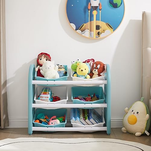 Miniatura 5 de Organizadores de juguetes para niños y almacenamiento con 6 contenedores de plástico extraíbles, estante multiusos de 3 niveles para organizar