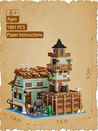 Miniatura 5 de Fishing Village Store - Juego de construcción de casa de 1881 piezas, kit de bloques de construcción de cabaña de madera, juguetes de arquitectura