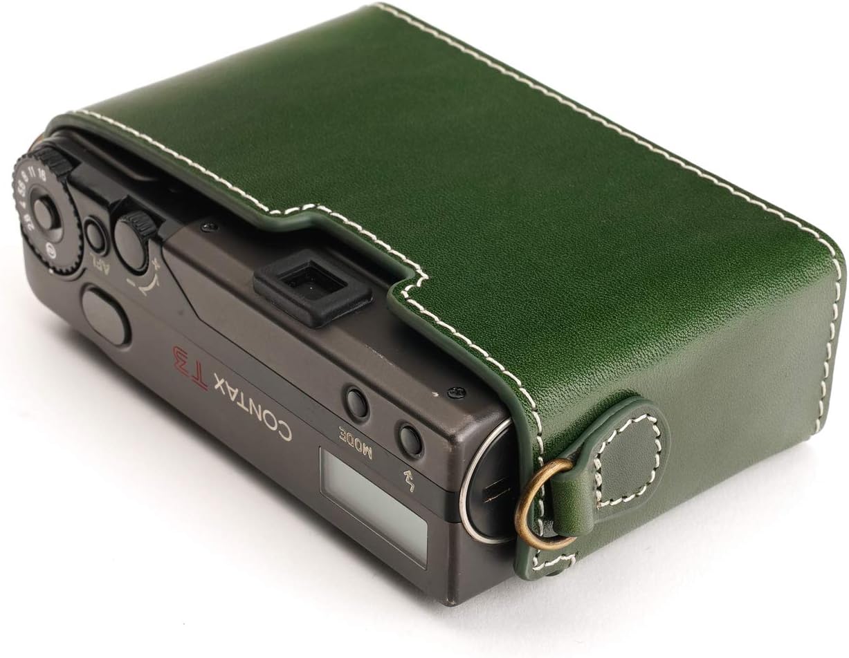 Contax T3 Case, BolinUS Handmade Genuine Real Leather Half Camera Case Bag Cover for Contax T3 Camera with Hand Strap (Green)