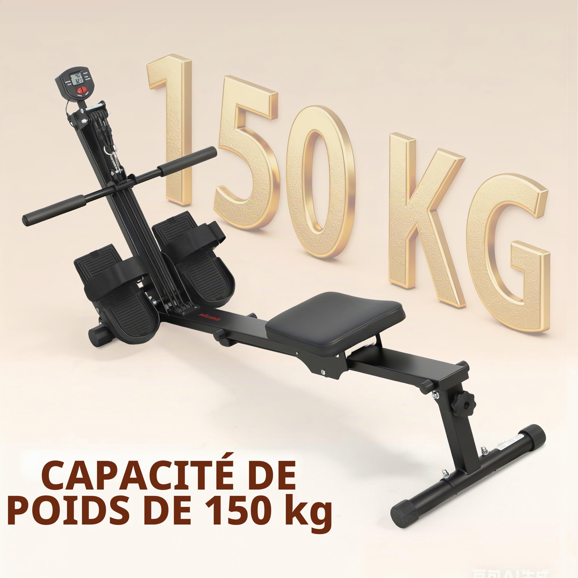 SPORTNOW Rameur pour la maison, rameur compact silencieux avec résistance élastique, écran LCD, siège rembourré, pour entraînement complet du corps, capacité 150 kg, gain de place